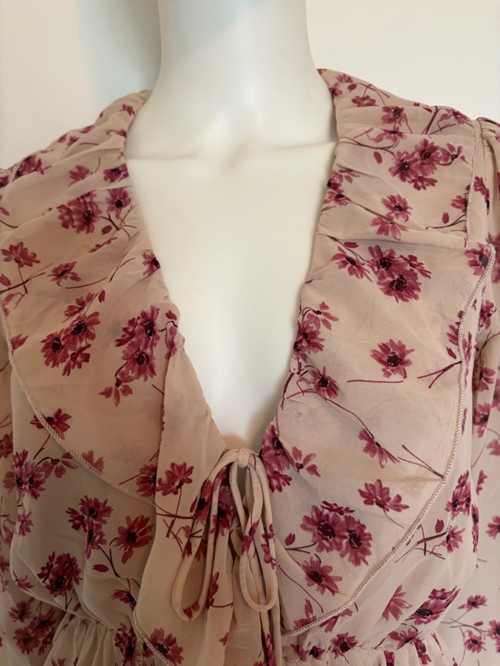 #664 Aakaa Blush Beige Floral Ruffle Tie-Neck Long Sleeve Dress - Picture 2 of 11